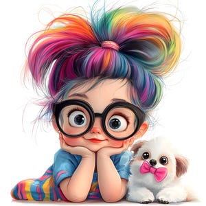 Quirky Girl Clipart, Cute Whimsical Girl, Printable Watercolor Clipart, 300 DPI JPGs, High-Quality JPGs, Cute Doll, Instant Download