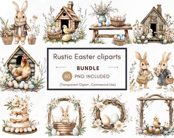 Rustic Easter Clipart Bundle, 80 PNG Spring Bunny, Chick, Egg, Farmhouse Illustrations, Watercolor Vintage Easter Digital Download