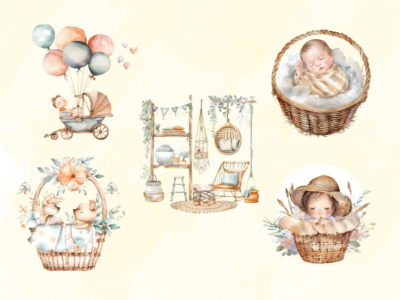 Boho Baby Shower Clipart Bundle, Watercolor Clipart, Nursery Decor PNG ...