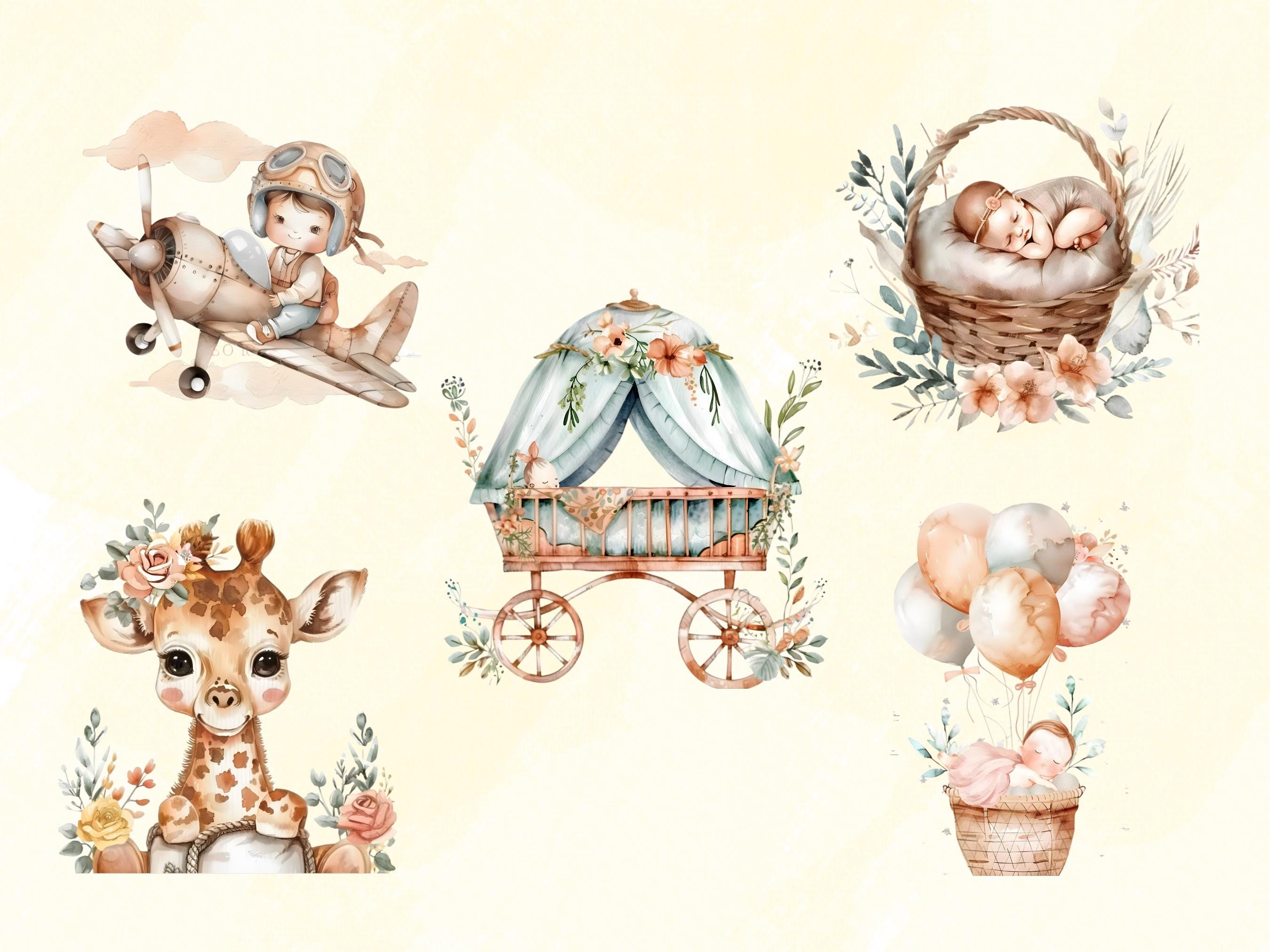 Boho Baby Shower Clipart Bundle, Watercolor Clipart, Nursery Decor PNG ...