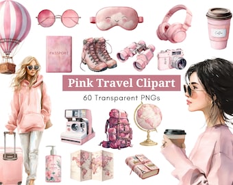 Lot de cliparts de voyage roses | 60 PNG | de voyage à l'aquarelle | Clipart esthétique rose | Stickers pour agenda | Album PNG