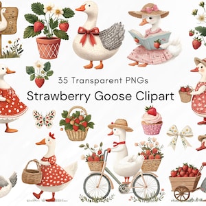 Strawberry Goose Clipart PNG, Cute Farm Animal Illustration Bundle, Spring Summer Goose with Strawberries, Vintage Cottagecore PNG