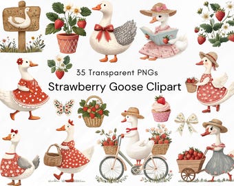 Strawberry Goose Clipart PNG, Cute Farm Animal Illustration Bundle, Spring Summer Goose with Strawberries, Vintage Cottagecore PNG