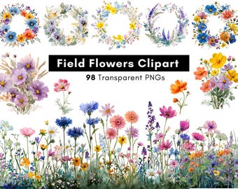 Field Flowers Clipart | 98 PNG Wildflower Clipart | Watercolor Floral PNGs | Meadow Flowers Clip Art | Flower Border & Wreaths