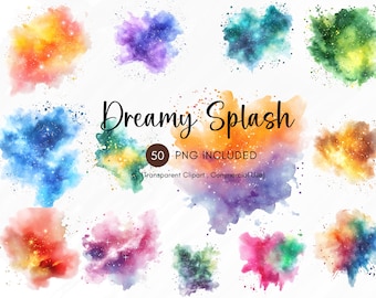 Watercolor Splashes Clipart Bundle, Paint Splatter PNG Abstract Clipart, Colorful Color Splash, Splashes Background, Commercial Use