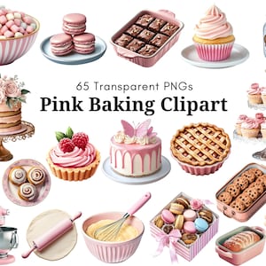 May include: A selection of pink baking clipart images, including cakes, cupcakes, and macarons. The text "Pink Baking Clipart" is displayed. Various baked goods are shown in pink containers and bowls.