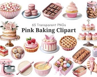 Pink Baking Clipart Bundle, 65 Watercolor Baking PNGs, Cupcake, Cake, Cookies, Mixer, Kitchen Clipart, Baking Party, Planner