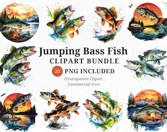 20 Jumping Bass Fish Clipart Bundle, Bass Fish PNG, Pesce basso divertente, Pesce basso divertente, Pesce da pesca PNG, Download immediato, Uso commerciale