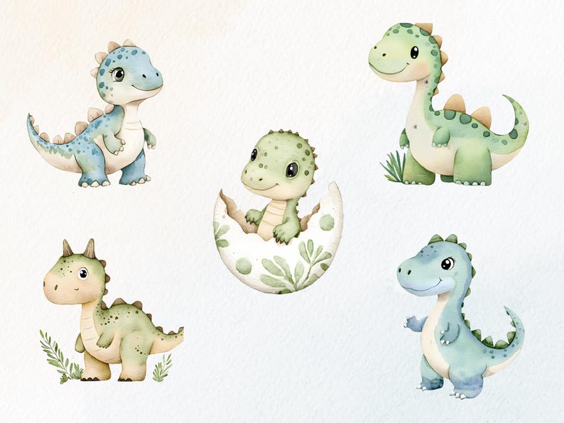 Op de afbeelding: Waterverfillustratie van vijf schattige babydinosaurussen in blauwe en groene tinten. E&eacute;n dinosaurus komt uit een ei, terwijl de anderen staan of zitten. De dinosaurussen hebben vriendelijke uitdrukkingen en zijn omgeven door zachte waterverfdetails.