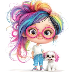 May include: A cartoon illustration of a girl with rainbow-colored hair wearing pink glasses, a white t-shirt, blue jeans, and sneakers. A small white dog with pink-tipped ears sits beside her. The image has a bright, cheerful aesthetic.