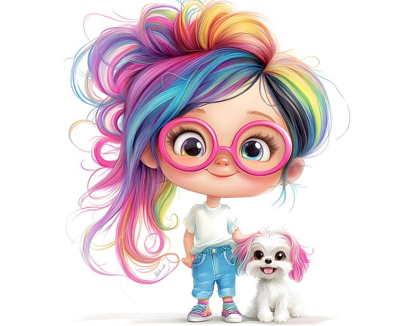 May include: A cartoon illustration of a girl with rainbow-colored hair wearing pink glasses, a white t-shirt, blue jeans, and sneakers. A small white dog with pink-tipped ears sits beside her. The image has a bright, cheerful aesthetic.