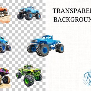 May include: Five monster trucks with large tires, in various colors, including orange, blue, green, and purple. The trucks are on a transparent background.