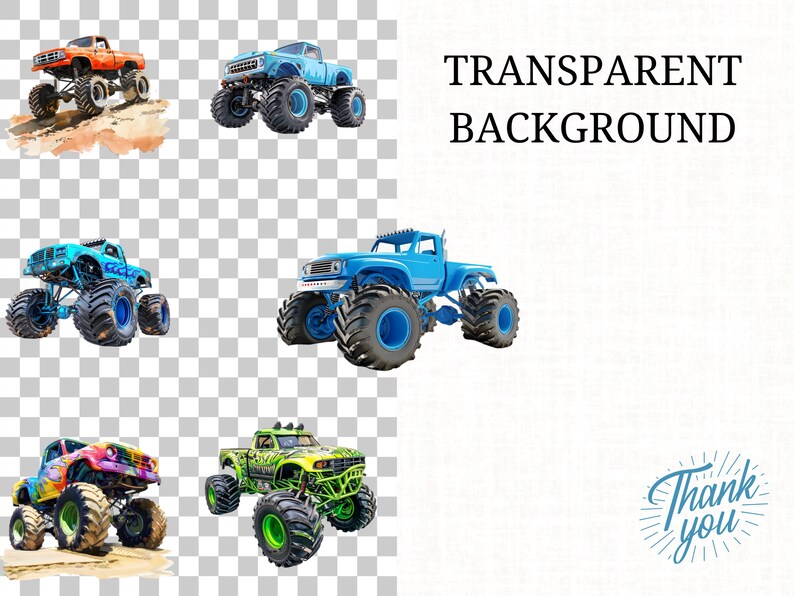 May include: Five monster trucks with large tires, in various colors, including orange, blue, green, and purple. The trucks are on a transparent background.