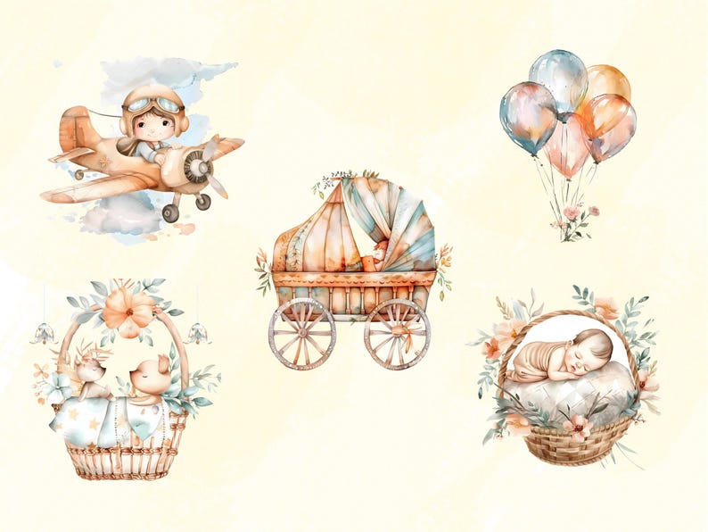 Boho Baby Shower Clipart Bundle, Watercolor Clipart, Nursery Decor PNG ...