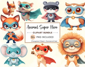 Dierlijke superhelden clipartbundel, schattige babydieren png, safari dieren aquarel illustraties, schattige superheld, schattige dieren clipartbundel png