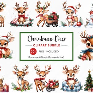 Watercolor Christmas Deer Clipart Bundle, 25 PNG Christmas Clipart, Festive Images, Cute Animals Clipart,High Resolution PNG, Commercial Use