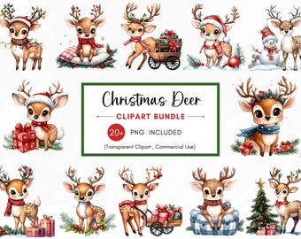 Bundle de cliparts cerf Noël aquarelle, 25 cliparts Noël PNG, Images festives, clipart animaux mignons, PNG haute résolution, usage Commercial
