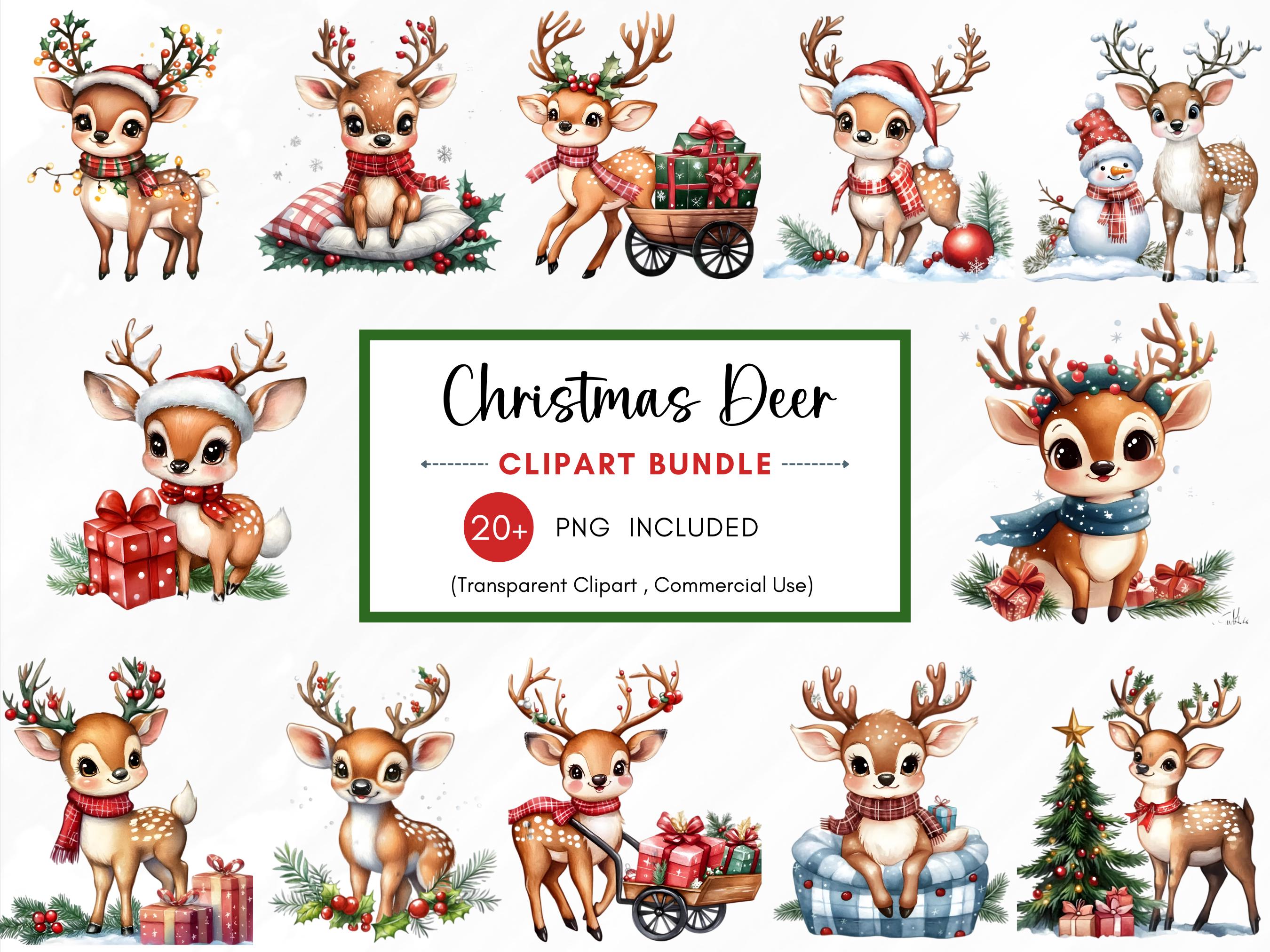 Watercolor Christmas Deer Clipart Bundle, 25 PNG Christmas Clipart ...