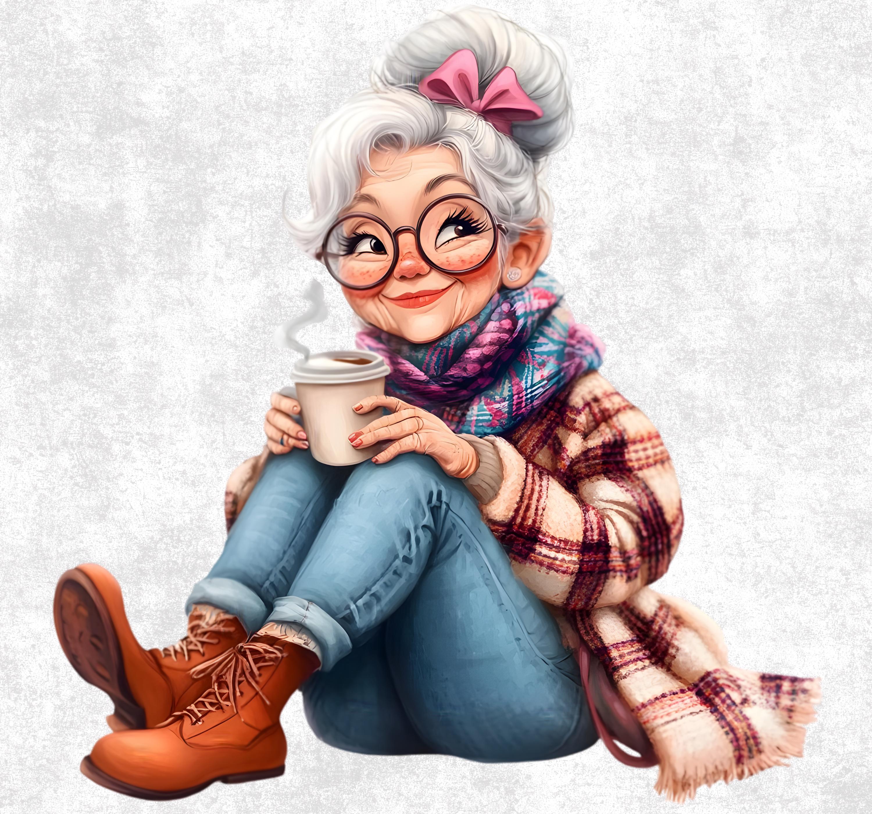 16 Senior Lady Drinking Coffee Clipart - Cozy Grandma PNG Bundle ...
