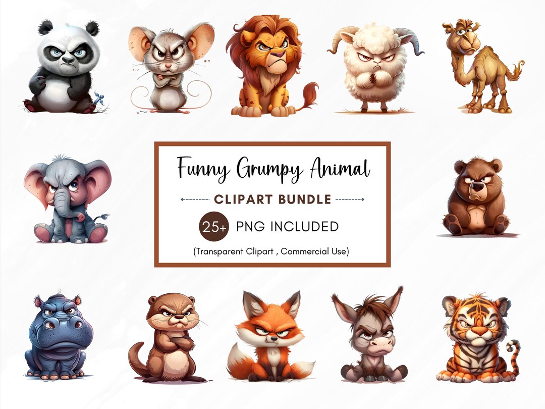 Funny Grumpy Animals Clipart Bundle, Cartoon Pet Prints (transparent ...
