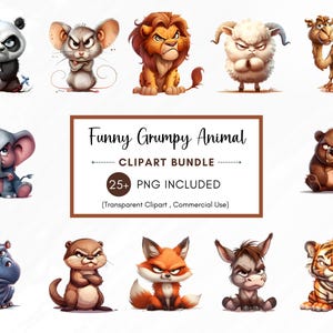 Pacote de clipart de animais da floresta mal-humorados engraçados, clipart de animais de safari mal-humorados engraçados, impressões de animais de estimação de desenhos animados, PNGs transparentes, download instantâneo