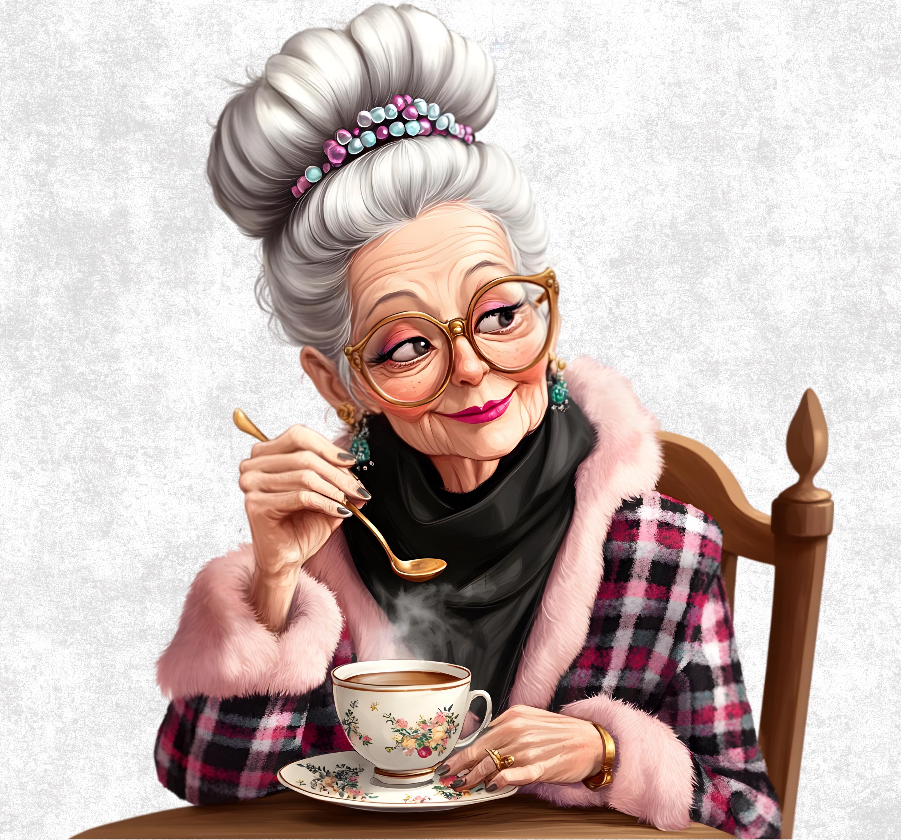 16 Senior Lady Drinking Coffee Clipart - Cozy Grandma PNG Bundle ...