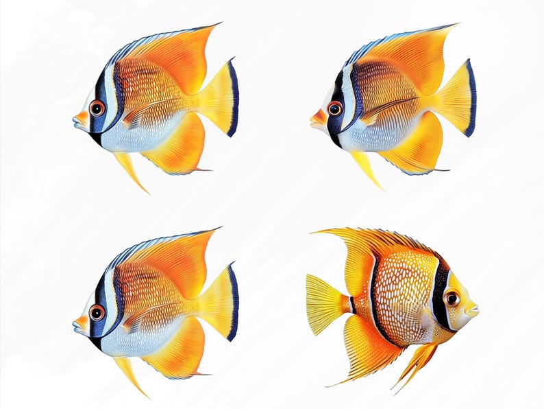 May include: Four colorful fish with orange, yellow, blue, and black markings. The fish are swimming in a white background.