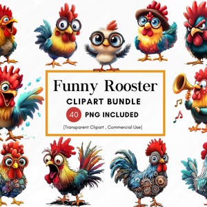Funny Rooster Clipart Bundle, 40 PNG Cartoon Chicken Illustrations, Farm Animal Clip Art, Cute Rooster Stickers, Rustic Farmhouse Decor