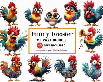 Funny Rooster Clipart Bundle, 40 PNG Cartoon Chicken Illustrations, Farm Animal Clip Art, Cute Rooster Stickers, Rustic Farmhouse Decor