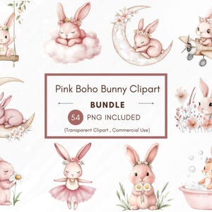 54 rosa Boho Häschen Clipart Bundle, süßes Häschen PNG, Pastell Kaninchen Clip Art, transparente PNGs für Baby-Dusche, Kinderzimmer Dekor, sofort Download
