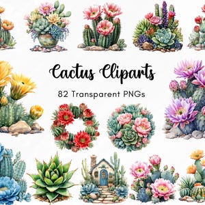 Watercolor Cactus Clipart PNG, Succulent Flower Cliparts, Desert Floral PNG Bundle, Boho Cactus Graphics, Printable Cactus Art for Crafts