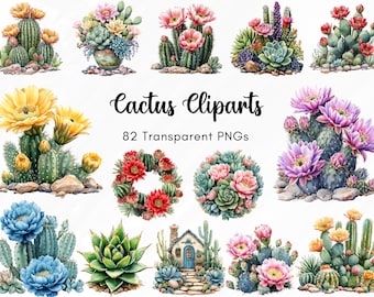 Watercolor Cactus Clipart PNG, Succulent Flower Cliparts, Desert Floral PNG Bundle, Boho Cactus Graphics, Printable Cactus Art for Crafts