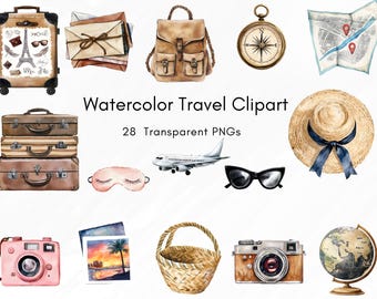 Watercolor Travel Clipart Bundle, 28 PNG Vacation Illustrations, Vintage Suitcase, Hat, Camera, Globe, Map Graphics for Scrapbooking