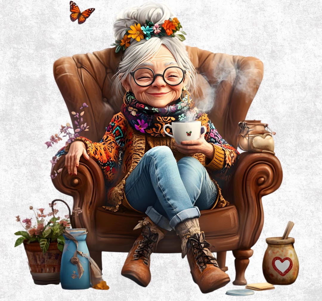 16 Senior Lady Drinking Coffee Clipart - Cozy Grandma PNG Bundle ...