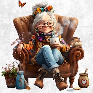16 ältere Dame trinkt Kaffee Clipart - Gemütliche Oma PNG Bundle - Vintage ästhetische Illustrationen für Scrapbooking und Bastelprojekte