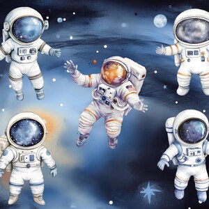 May include: Five white astronauts with black visors and orange accents float in a blue and white galaxy space background. The astronauts are wearing white spacesuits with black belts and black boots.