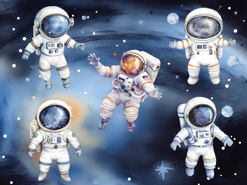 May include: Five white astronauts with black visors and orange accents float in a blue and white galaxy space background. The astronauts are wearing white spacesuits with black belts and black boots.
