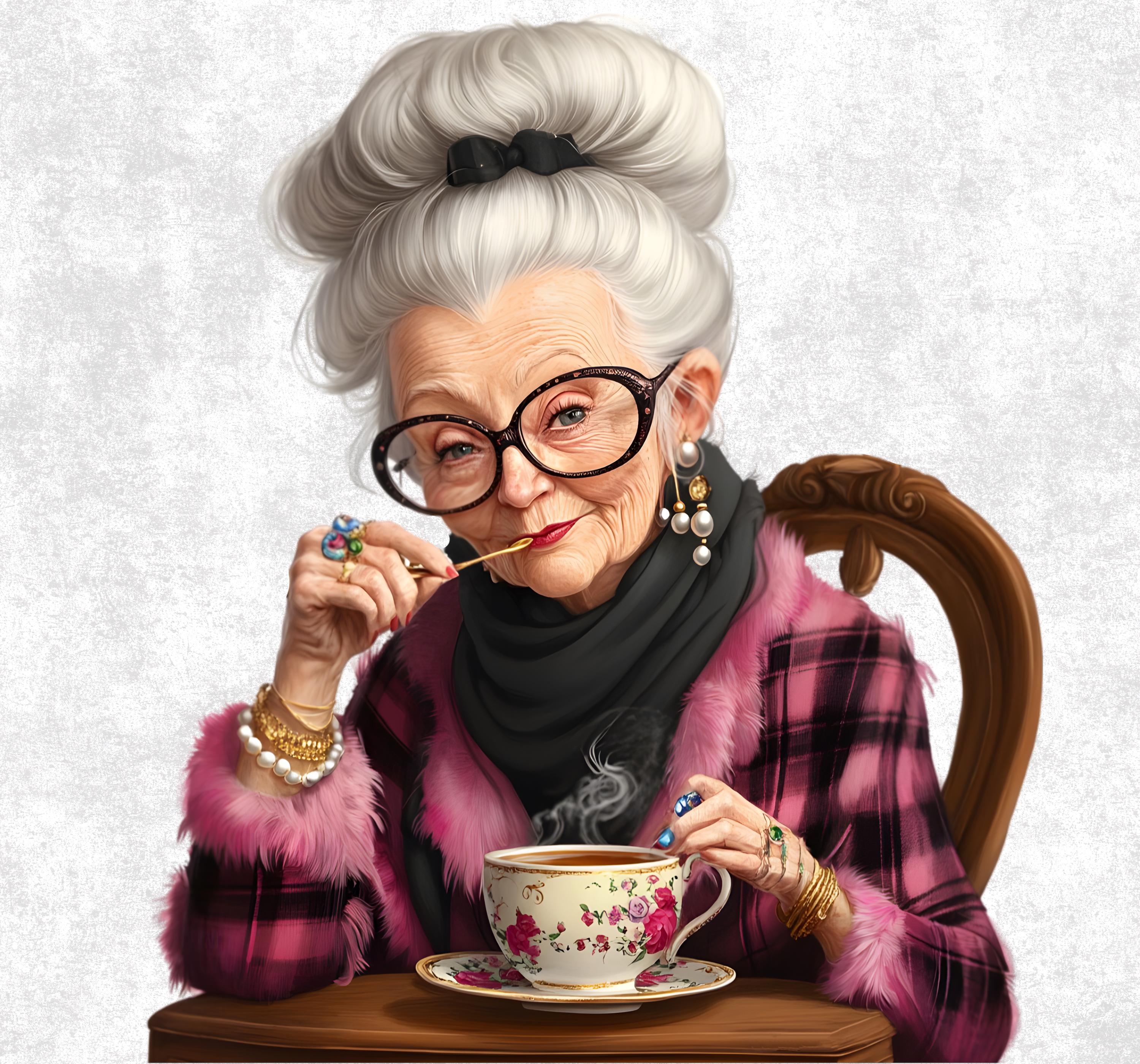 16 Senior Lady Drinking Coffee Clipart - Cozy Grandma PNG Bundle ...