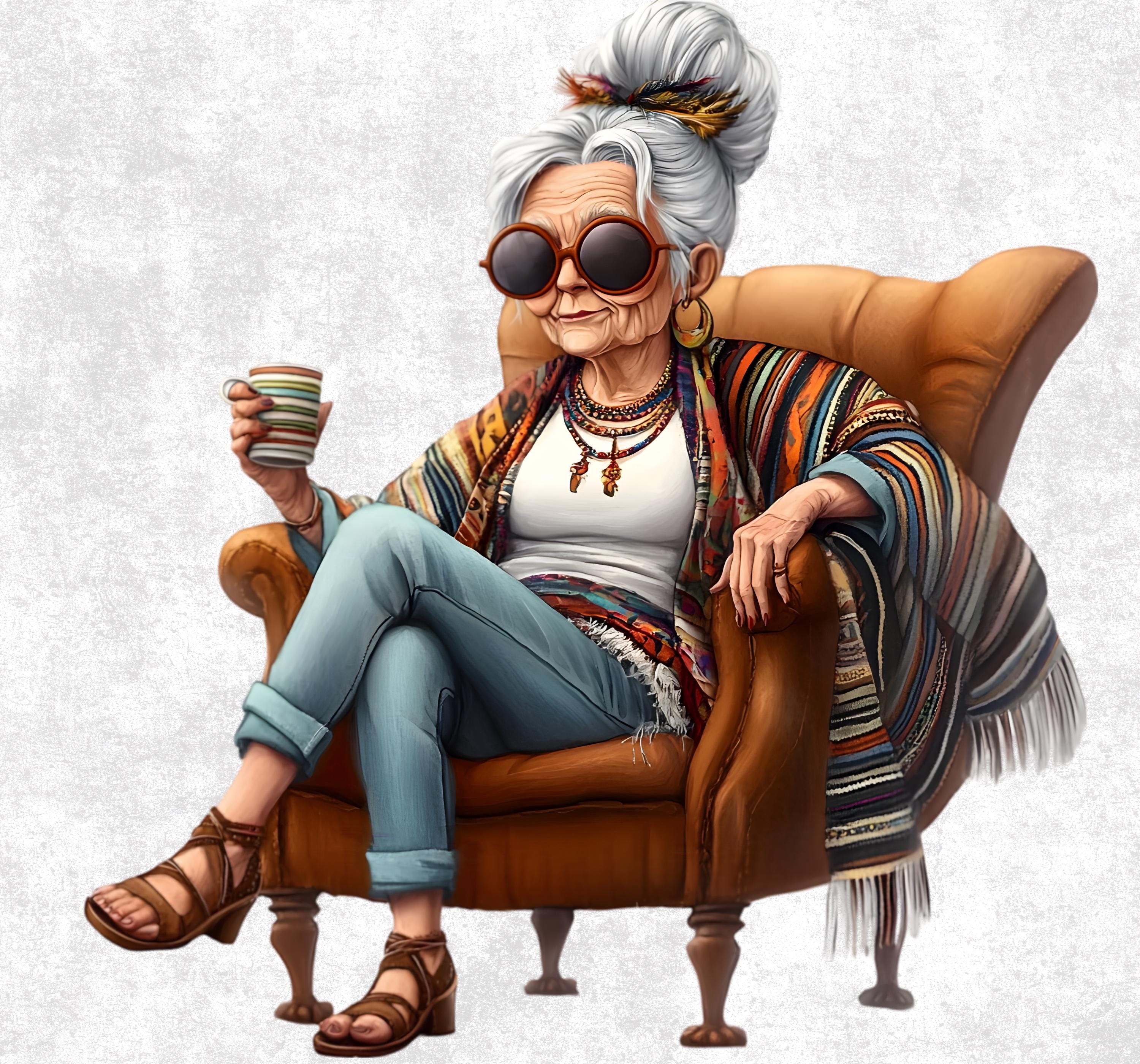 16 Senior Lady Drinking Coffee Clipart - Cozy Grandma PNG Bundle ...