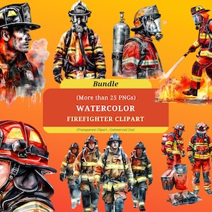 Puede incluir: Un paquete de clipart digital de ilustraciones de acuarela que representan a bomberos en varias poses. Las ilustraciones están en un esquema de color rojo, amarillo y azul vibrante. El paquete incluye más de 25 archivos PNG, perfecto para uso comercial.