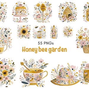 Op de afbeelding: Waterverfillustraties van items met een honingthema, waaronder een theepot, cake, honingdipper, bijenkorf en potten, omringd door bloemstukken. De tekst "55 PNGs Honey bee garden" wordt weergegeven in gouden letters.