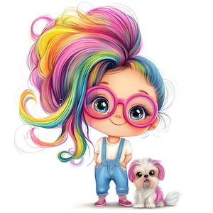 May include: A cartoon illustration of a girl with rainbow-colored hair wearing pink glasses, blue overalls, and pink shoes. A small dog with pink accents sits beside her. The image has a white background.