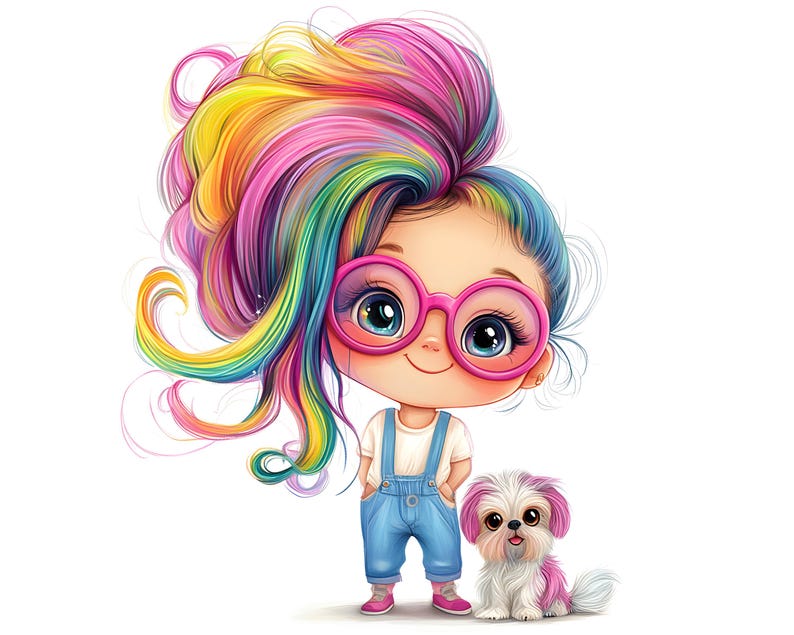 May include: A cartoon illustration of a girl with rainbow-colored hair wearing pink glasses, blue overalls, and pink shoes. A small dog with pink accents sits beside her. The image has a white background.