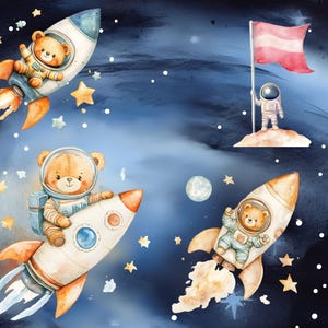 May include: Four watercolor illustrations of teddy bears dressed as astronauts in space. The bears are flying in rockets and one is standing on the moon holding a flag.