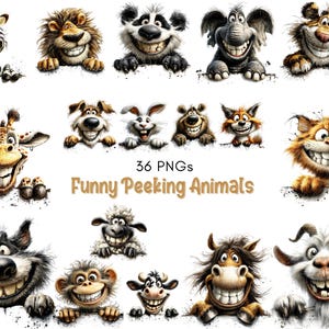 Funny Peeking Animals Clipart, 36 PNG Cartoon Animal Bundle, Cute Peeking Animal PNG, Kids Clipart, Commercial Use, Sublimation PNG