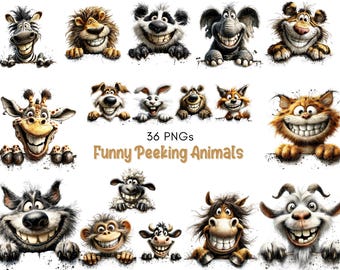 Funny Peeking Animals Clipart, 36 PNG Cartoon Animal Bundle, Cute Peeking Animal PNG, Kids Clipart, Commercial Use, Sublimation PNG