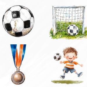 May include: A watercolor illustration of a soccer player, a soccer ball, a soccer goal, and a medal. The player is wearing a striped orange and white shirt, blue shorts, and white socks. The soccer ball is black and white. The soccer goal is white with a green grass field. The medal is gold with a blue and orange ribbon.