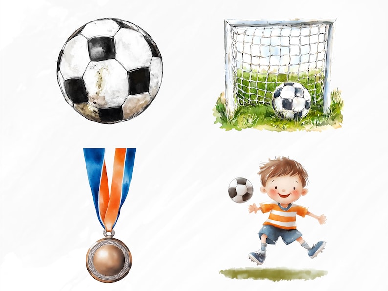 May include: A watercolor illustration of a soccer player, a soccer ball, a soccer goal, and a medal. The player is wearing a striped orange and white shirt, blue shorts, and white socks. The soccer ball is black and white. The soccer goal is white with a green grass field. The medal is gold with a blue and orange ribbon.