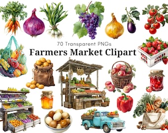 Farmers Market Clipart Bundle | Watercolor Vegetables & Fruit | Market Stall, Produce Basket, Vintage Truck, Jars | 70 Transparent PNGs