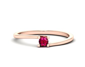 18K Gold Natural Ruby Ring, Round Solitaire, July Birthstone